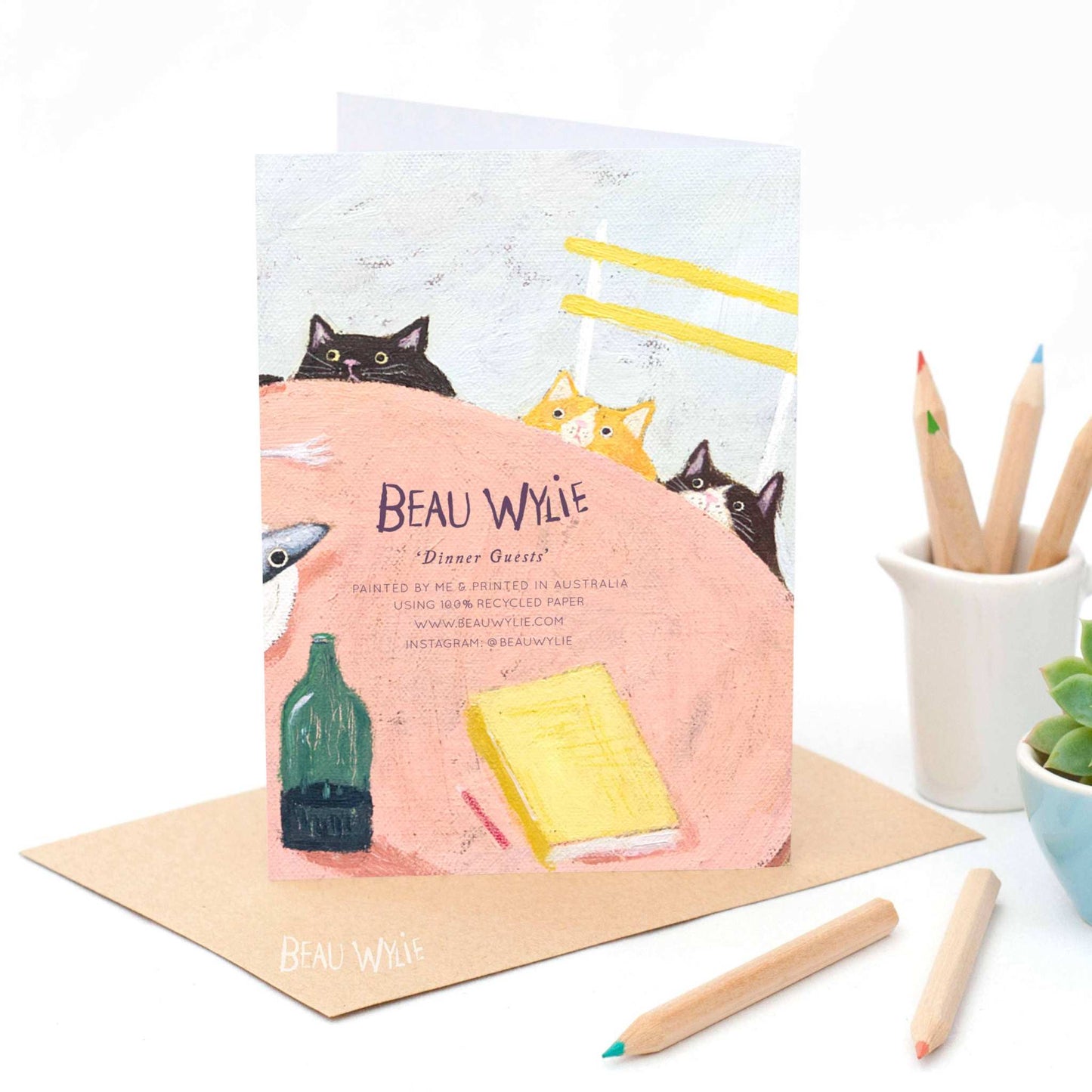 Back of Dinner Guests greeting card by Beau Wylie printed in Australia with artist signature on recycled paper from 9to5 Studios