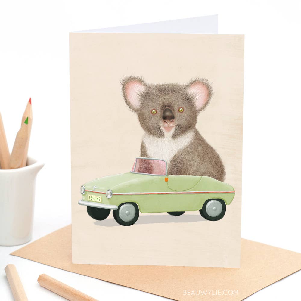 Favel the koala vintage car greeting card by Beau Wylie for 9to5 Studios on recycled cardstock