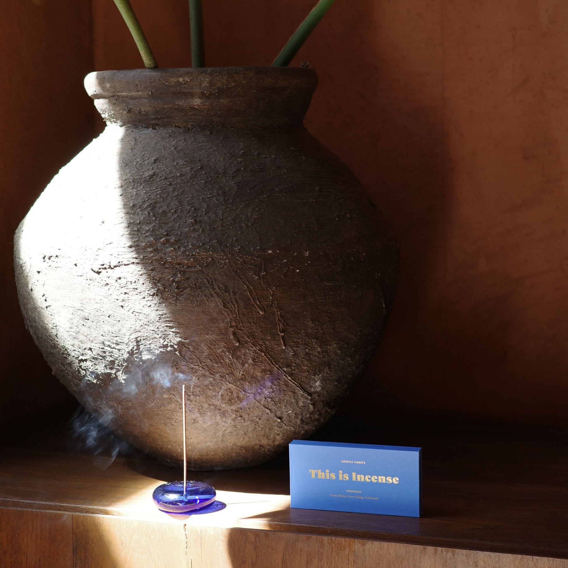 Light blue Gentle Habits incense box lifestyle shot with burning stick in cobalt holder and terracotta vase by 9to5 Studios