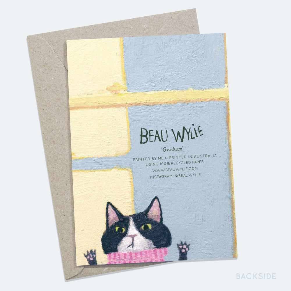 Back of Graham greeting card by Beau Wylie showing cat art and recycled paper texture at 9to5 Studios