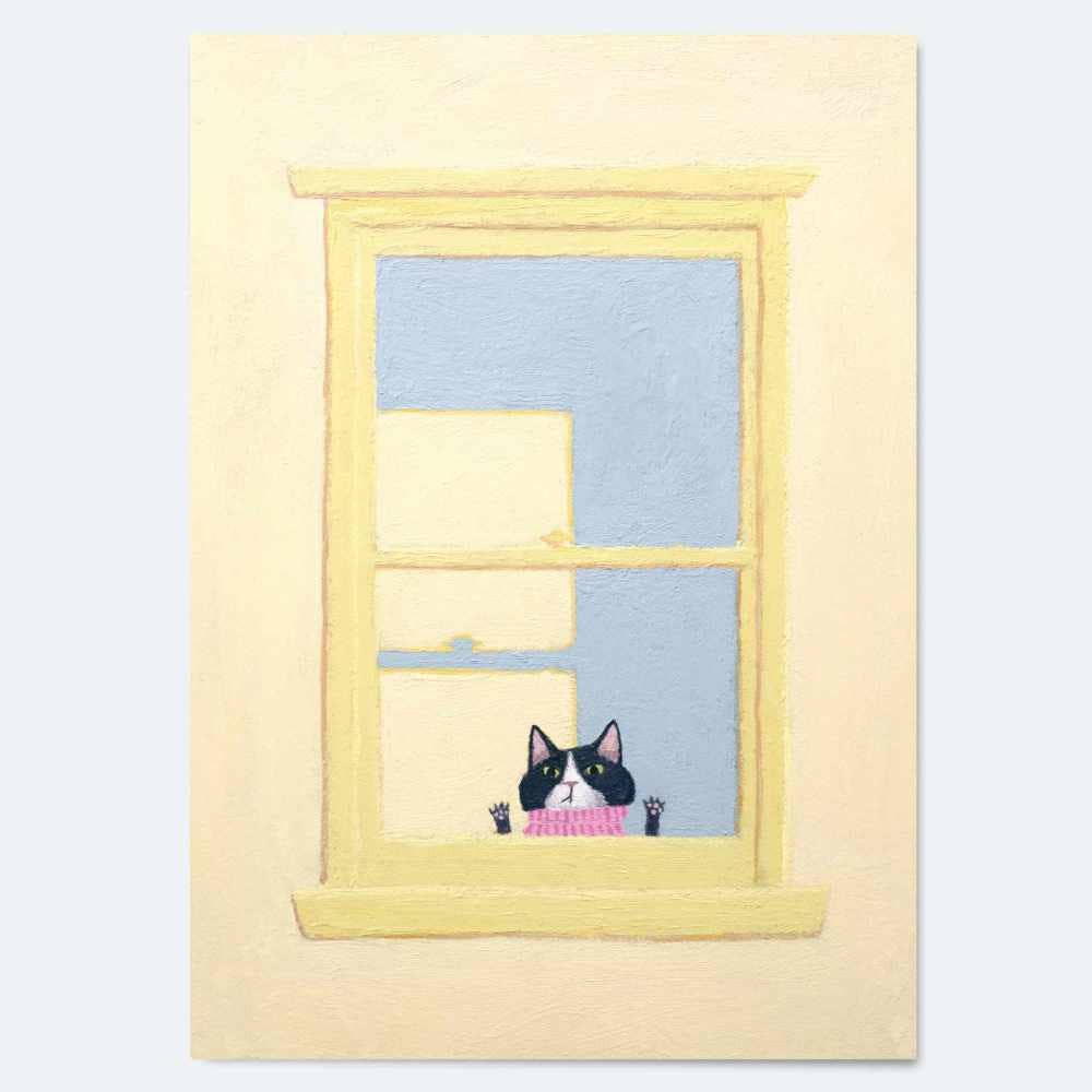 Front view Graham A6 greeting card with black and white cat in pink scarf through yellow window by Beau Wylie