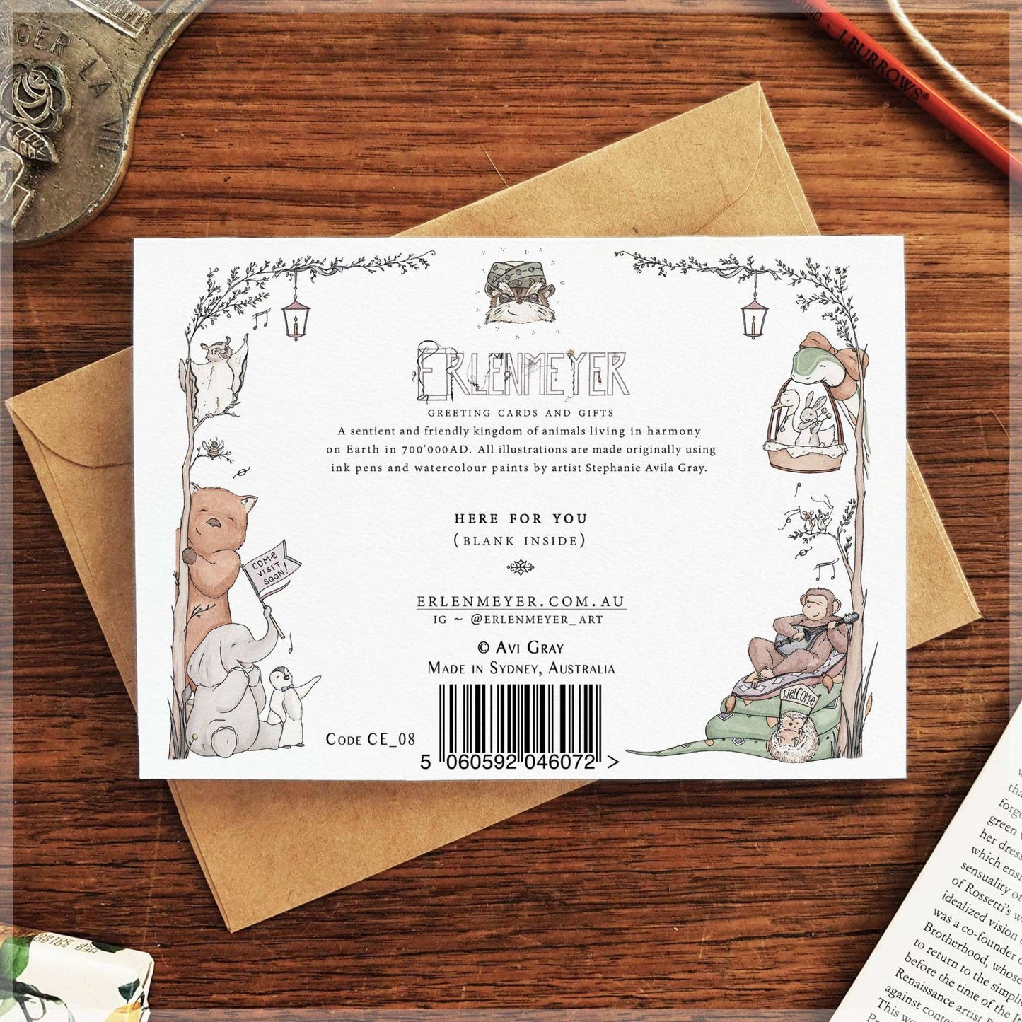 Back of Here for You greeting card from 9to5 Studios showing Erlenmeyer details and animal illustrations