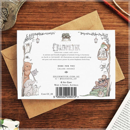 Back of Here for You greeting card from 9to5 Studios showing Erlenmeyer details and animal illustrations