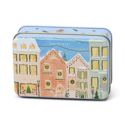 Paddywax Gingerbread Christmas Village Soy Wax Candle in matte blue tin by 9to5 Studios