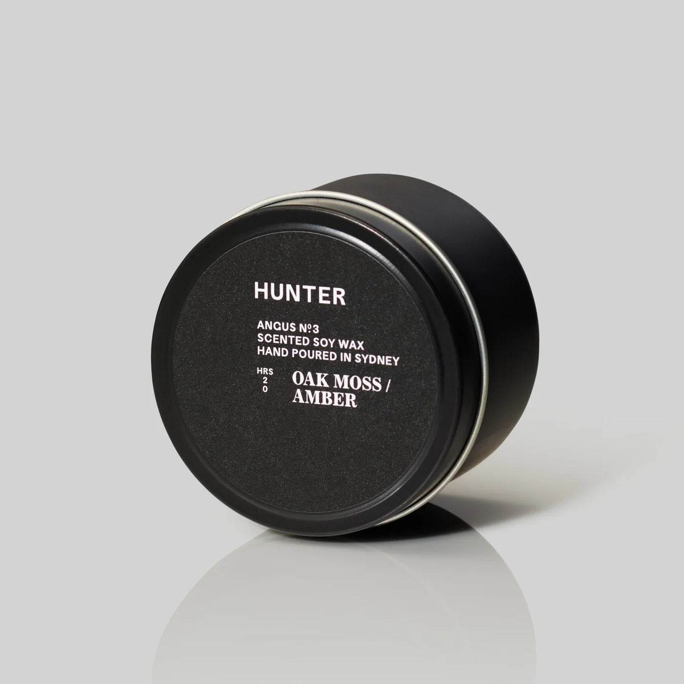 Hunter Candles ANGUS scented candle with oak moss, amber, sandalwood, soy wax, and cotton wick burning over 50 hours