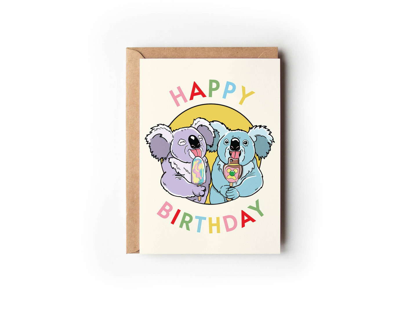 Lavender and blue koalas eating popsicles on yellow Happy Birthday card by Little Green Mini Creative