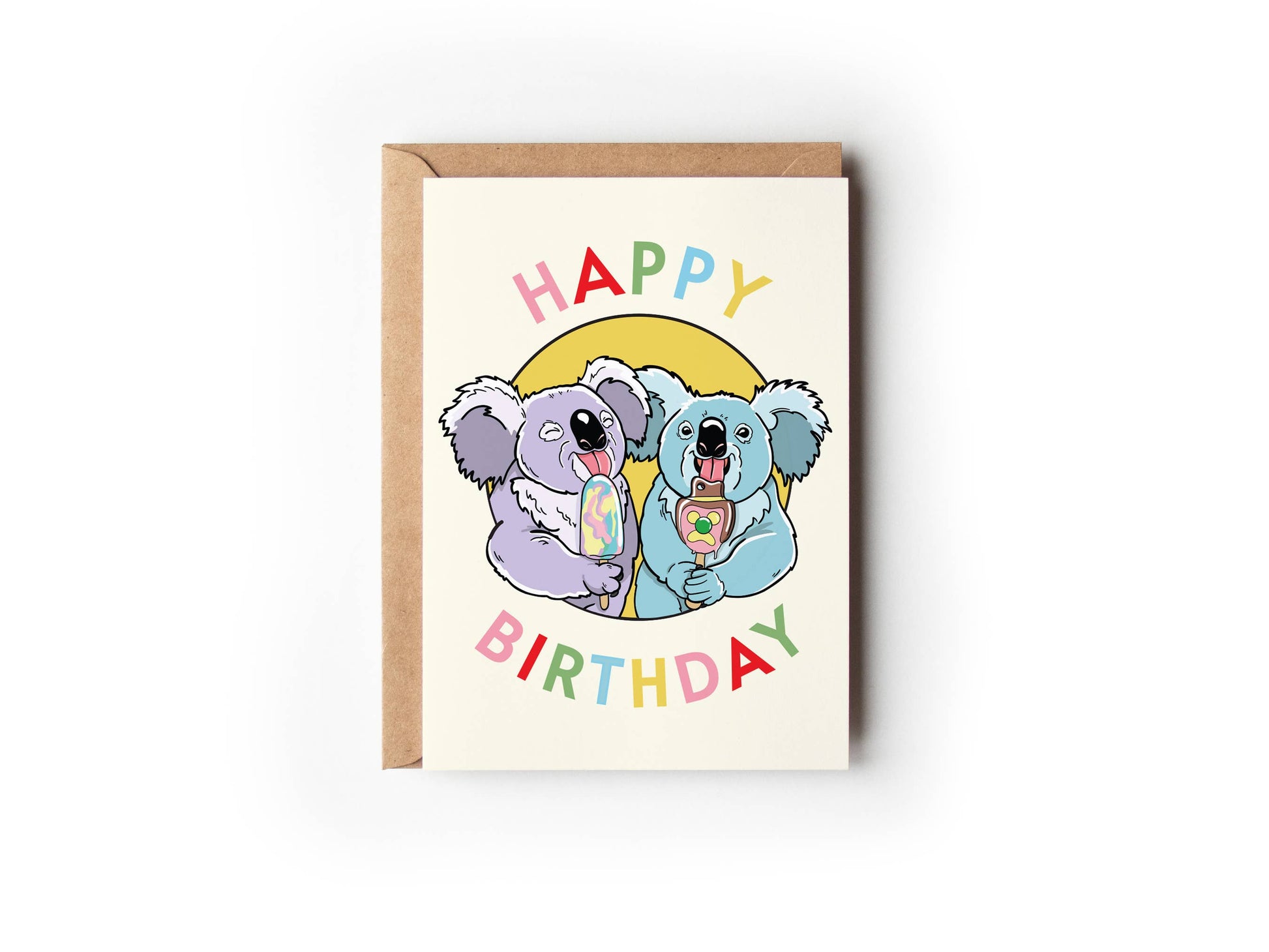Lavender and blue koalas eating popsicles on yellow Happy Birthday card by Little Green Mini Creative