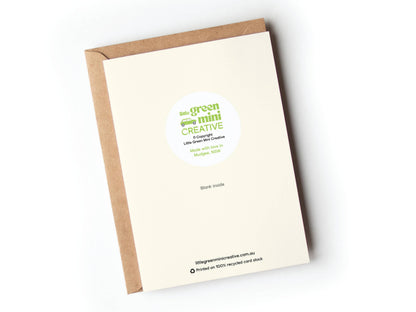 Little Green Mini Creative recycled kraft envelope and sticker on cream A6 greeting card back