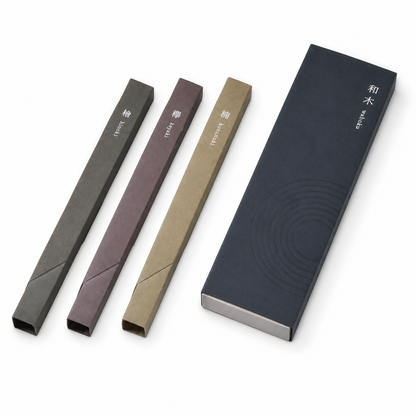 Kousaido WABOKU Incense Stick 3-types set with Hinoki, Keyaki, and Kusunoki scents in Japanese packaging