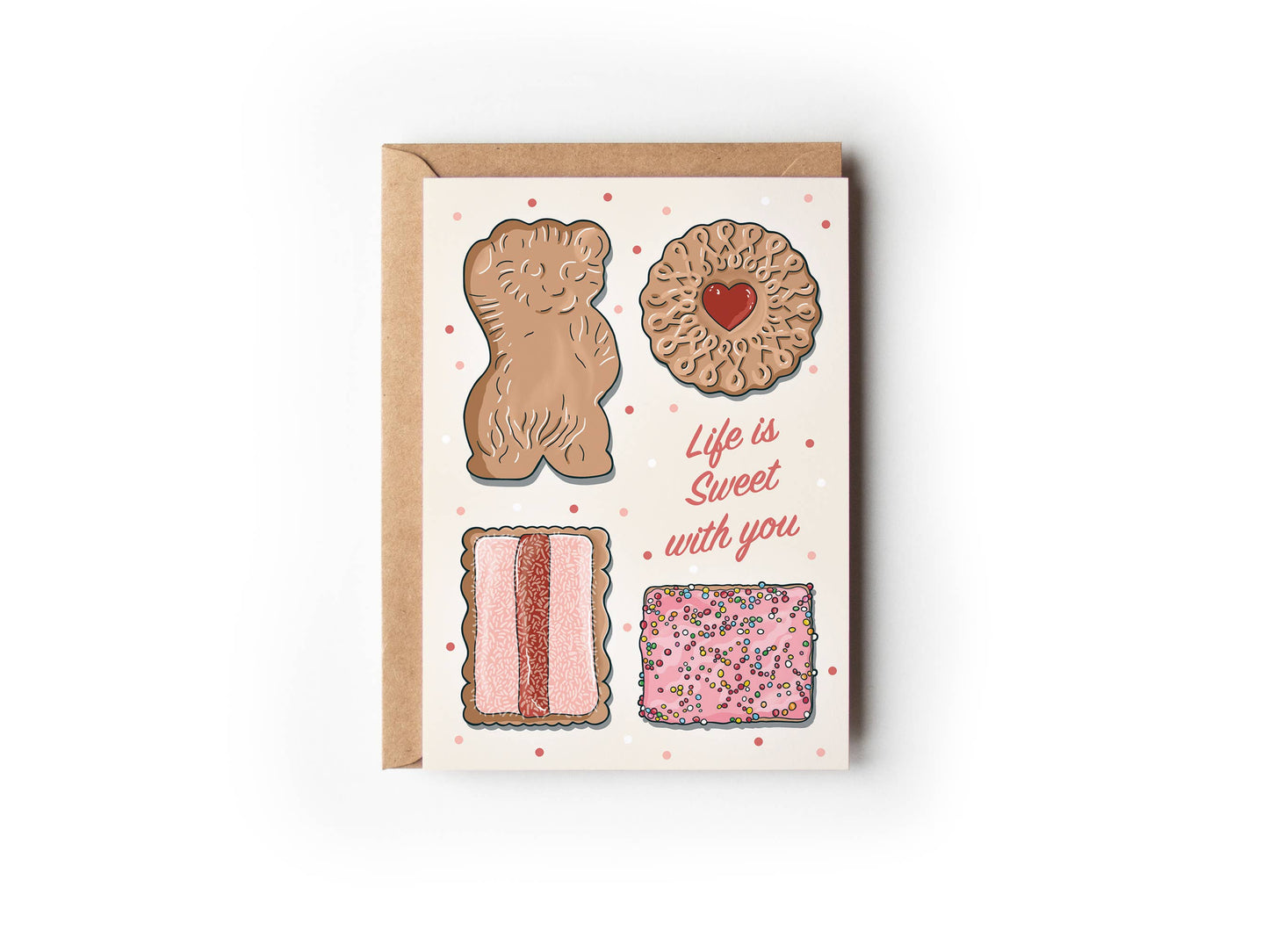 Life is Sweet Love Australian biscuits Valentine card with cream matte finish, kraft envelope from 9to5 Studios Sydney CBD gift shop