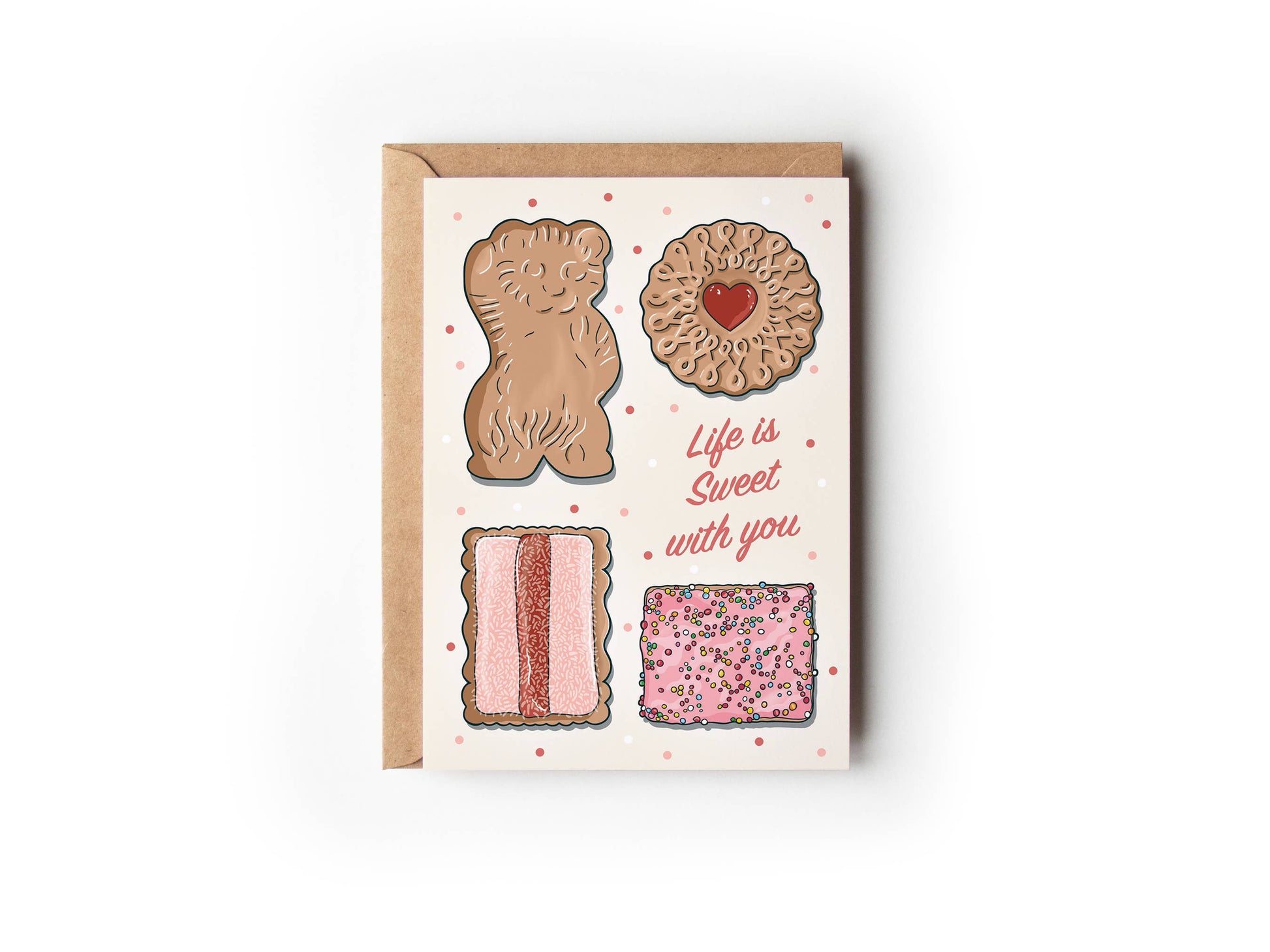 Life is Sweet Love Australian biscuits Valentine card with cream matte finish, kraft envelope from 9to5 Studios Sydney CBD gift shop