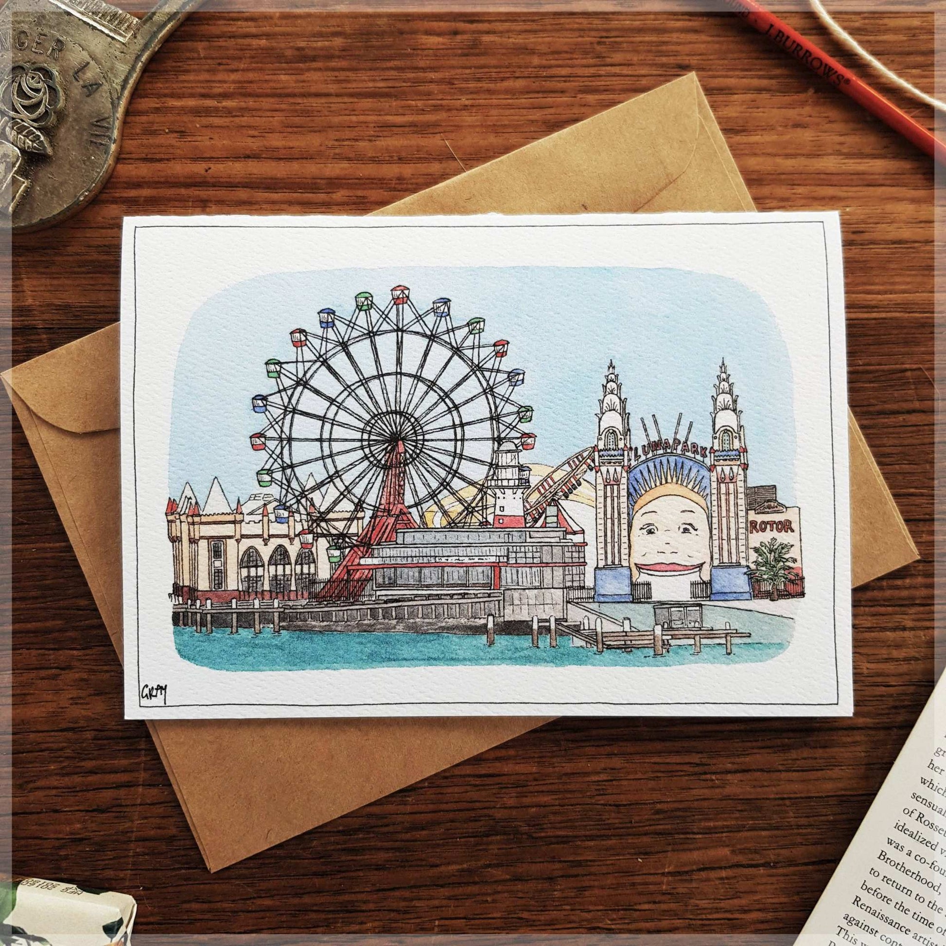 Front of Sydney Luna Park A6 greeting card by Avi Gray featuring Ferris wheel and smiling entrance arch