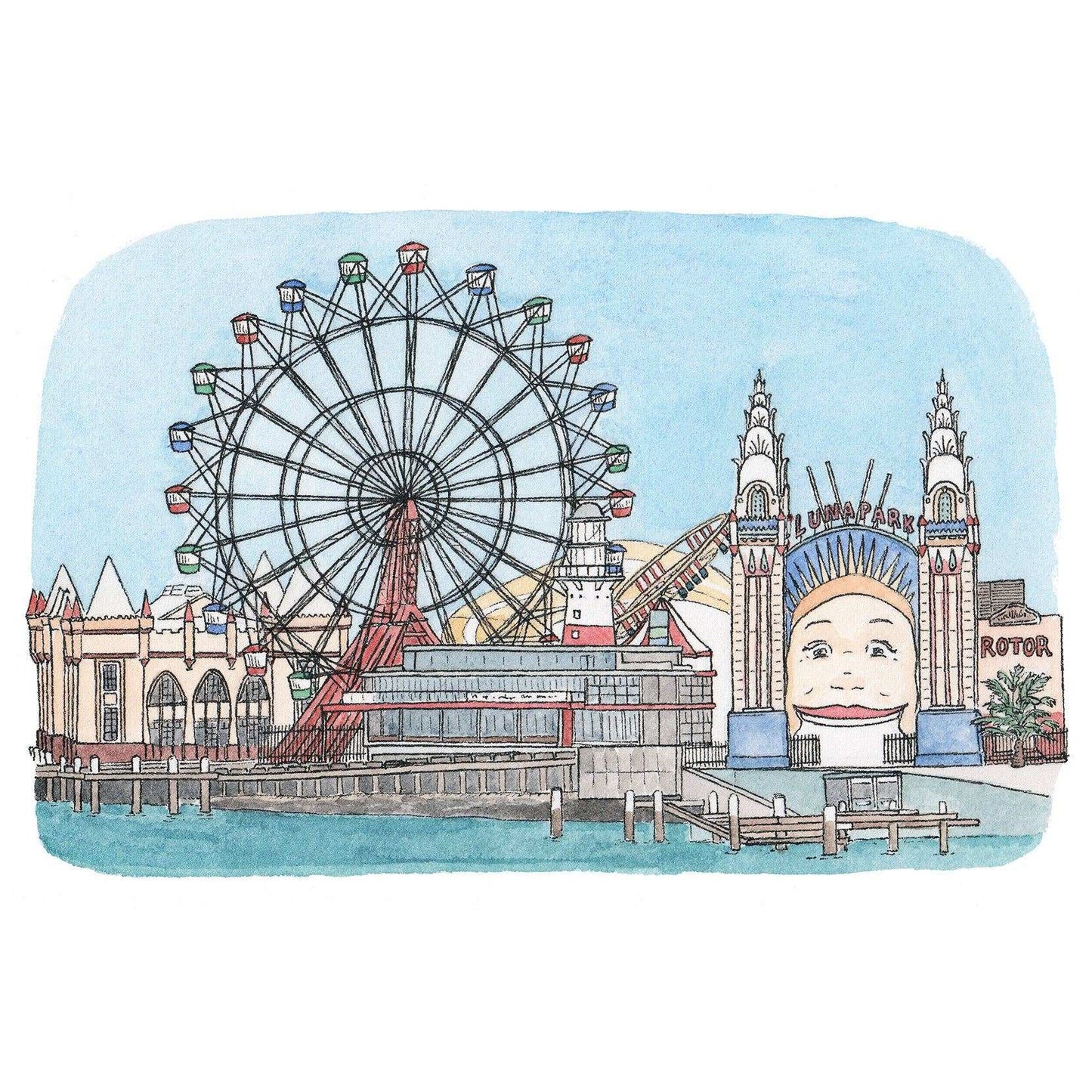 Close-up of hand-drawn watercolor Luna Park illustration on white felt paper showing brushstroke texture