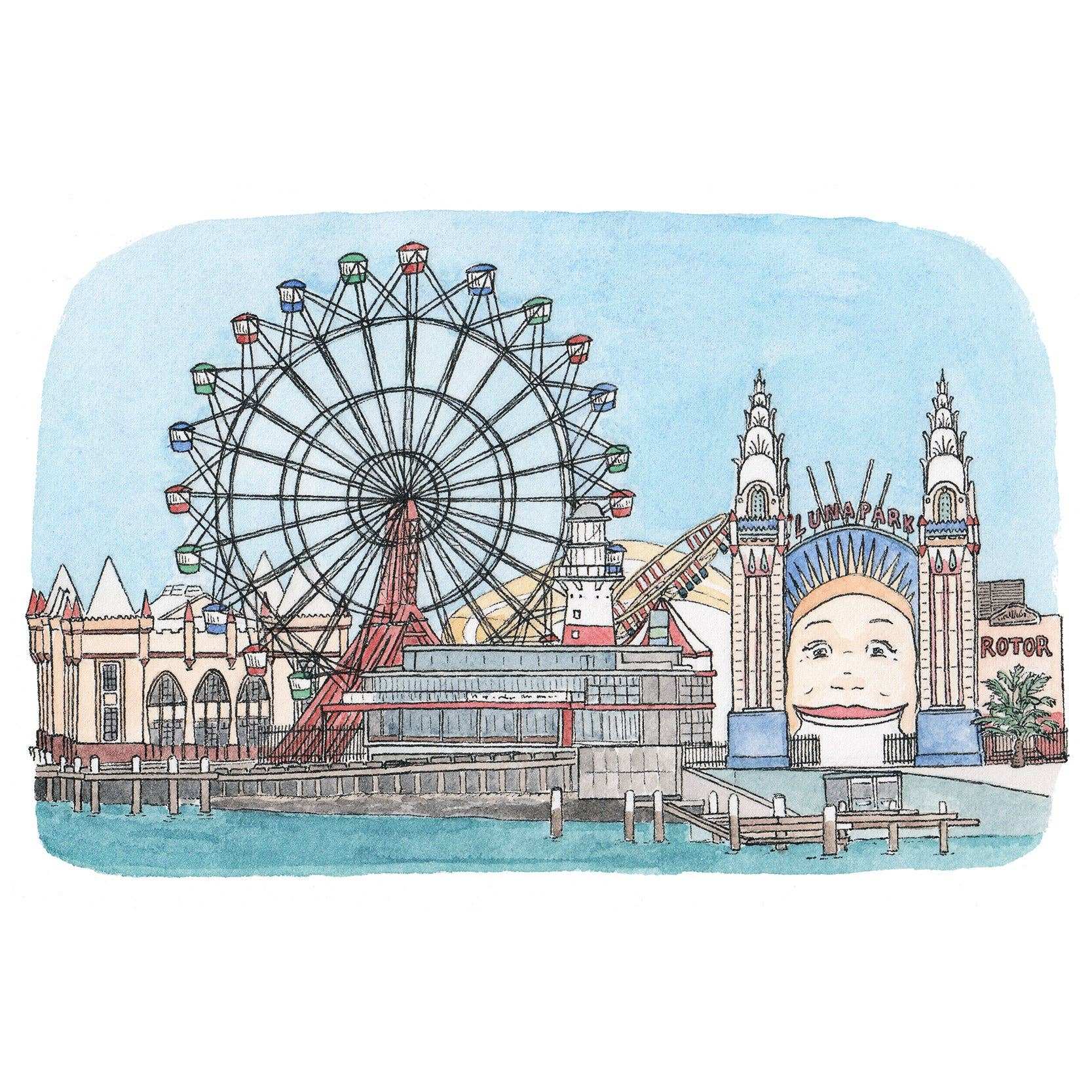 Close-up of hand-drawn watercolor Luna Park illustration on white felt paper showing brushstroke texture