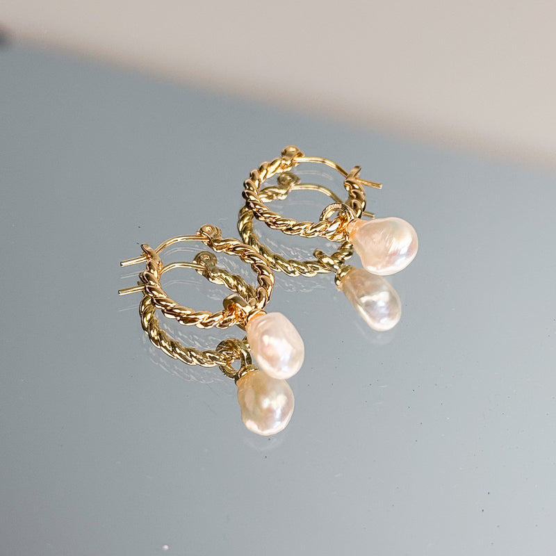 Mini Baroque Pearl Drop Hoop 2 Way Earrings Gold 9to5 Studios