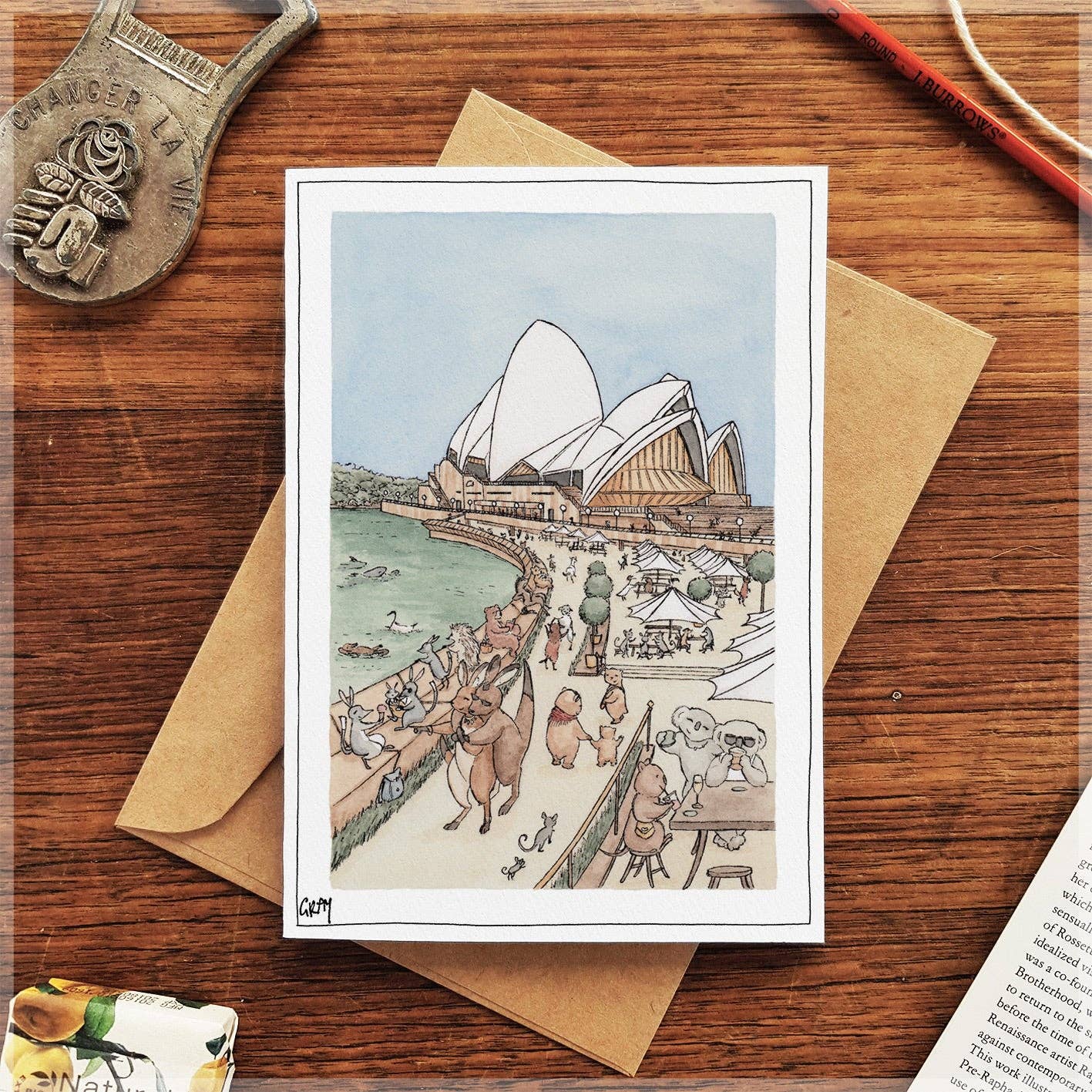 Sydney Opera House greeting card by 9to5 Studios featuring whimsical kangaroo koala watercolor illustration on kraft paper