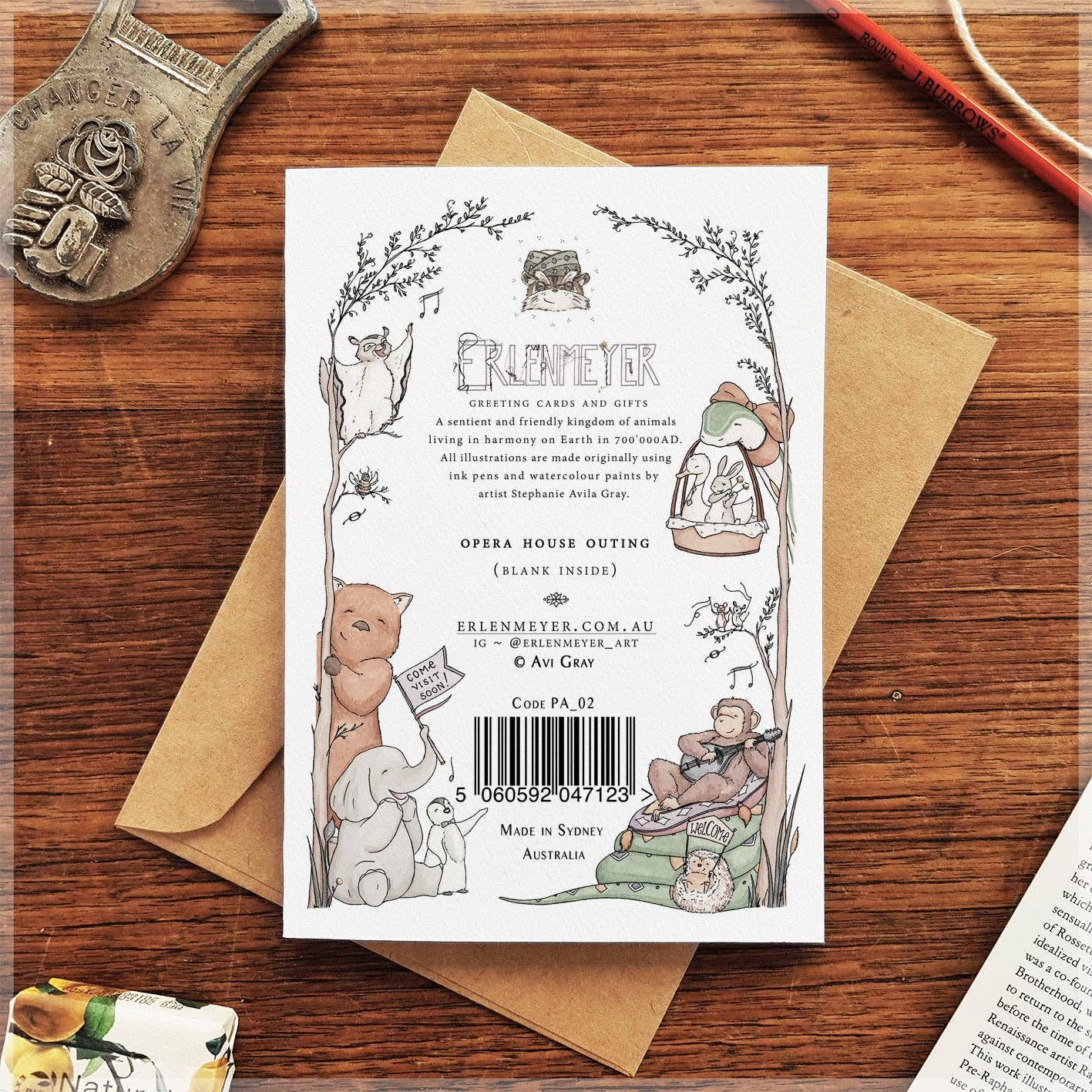 Back of Sydney Opera House greeting card by 9to5 Studios with botanical border and bear elephant animal art