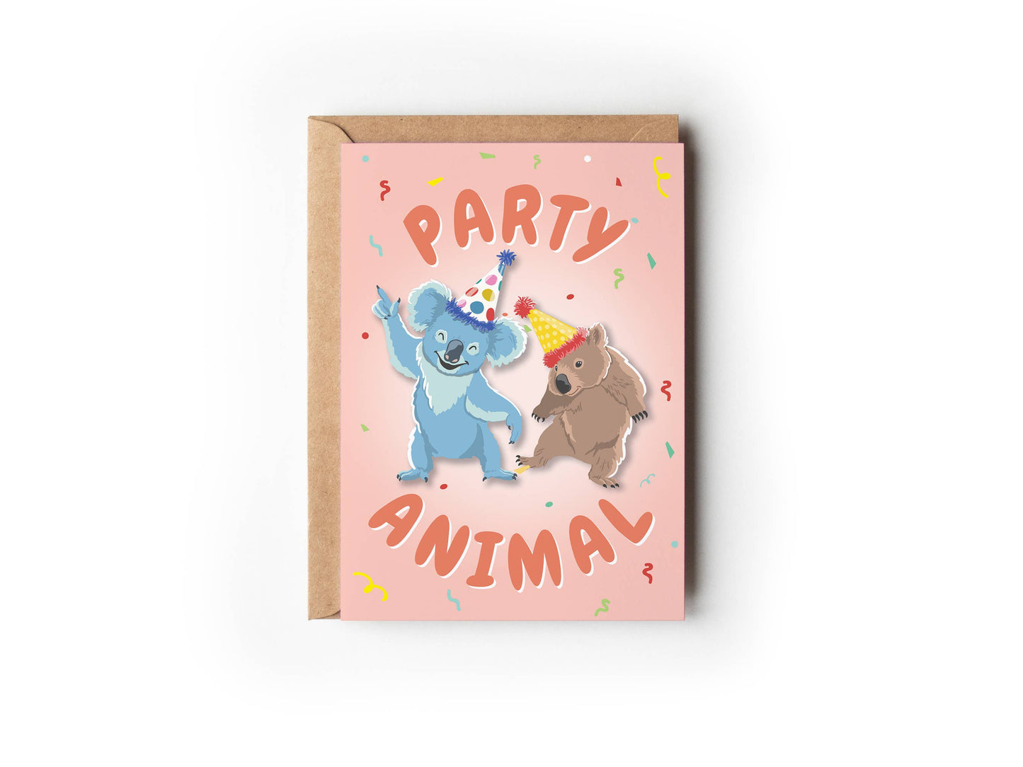 Pink Party Animal greeting card by 9to5 Studios featuring illustrated koala and wombat with party hats