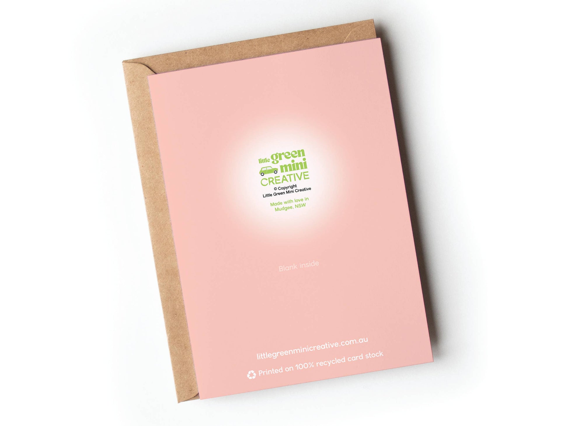 Back of pink recycled cardstock greeting card showing Little Green Mini Creative logo and Made in Australia details