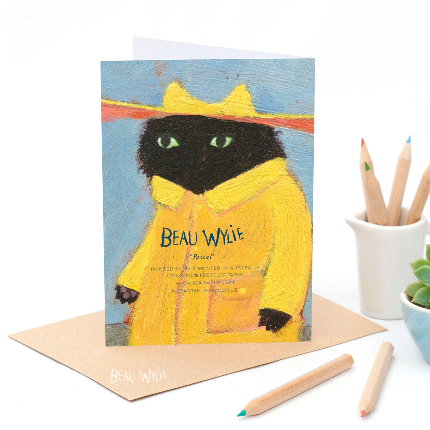Pascal painted greeting card with artist text overlay showing impasto texture and recycled paper details from 9to5 Studios