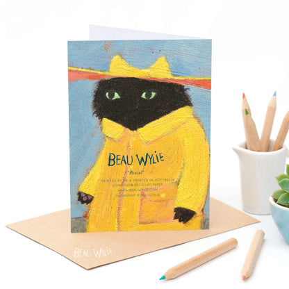 Pascal painted greeting card with artist text overlay showing impasto texture and recycled paper details from 9to5 Studios