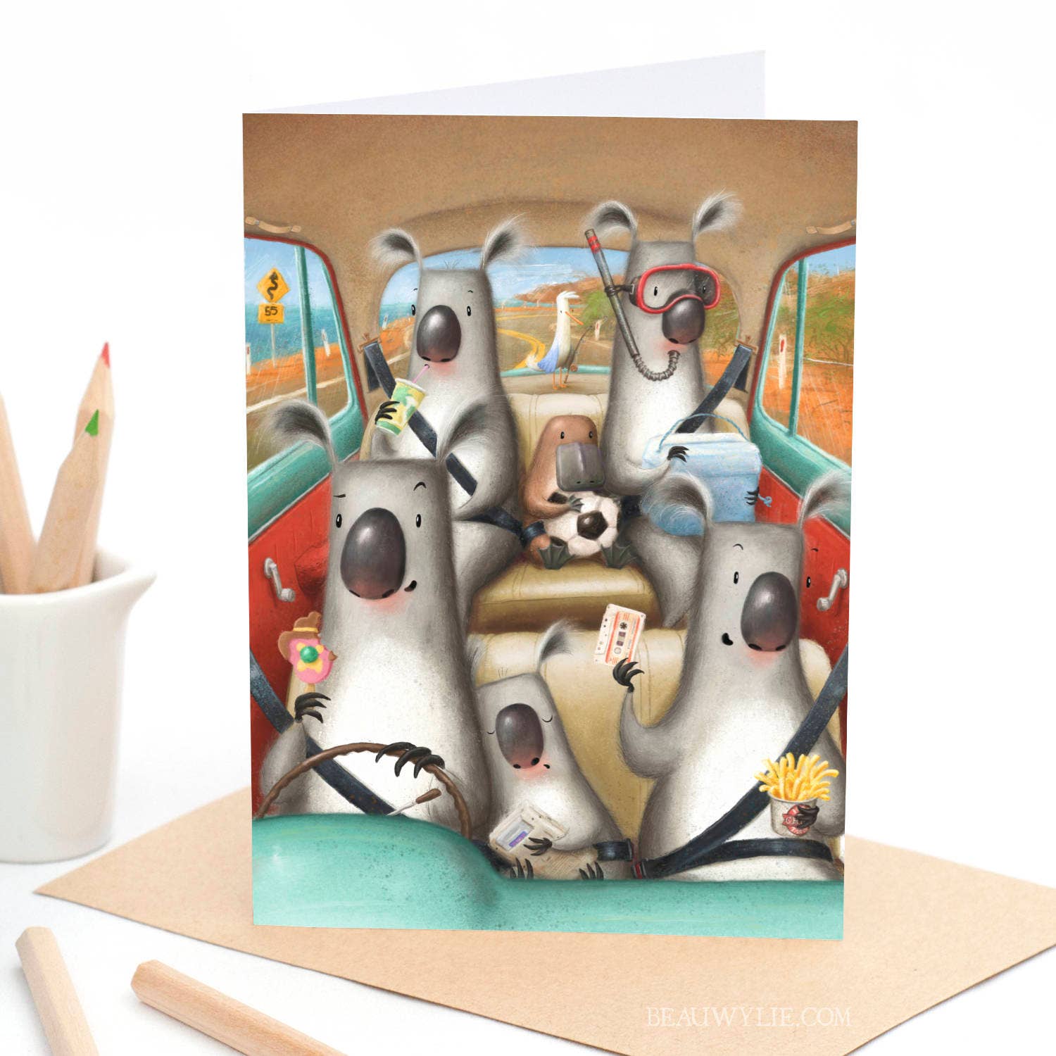 Roadtrip greeting card by Beau Wylie for 9to5 Studios featuring five koalas in vintage car interior on textured white cardstock