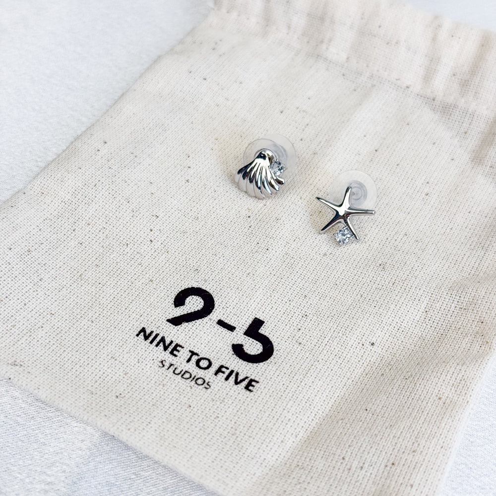 Shell and Starfish Stud Earrings with Cubic Zirconia 9to5 Studios