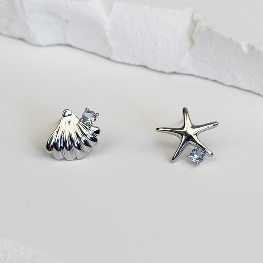 Shell and Starfish Stud Earrings with Cubic Zirconia 9to5 Studios