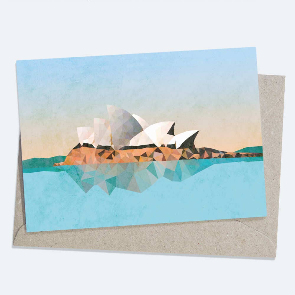 Sydney Opera House greeting card by Beau Wylie for 9to5 Studios featuring low-poly geometric art in terracotta and turquoise on textured recycled cardstock