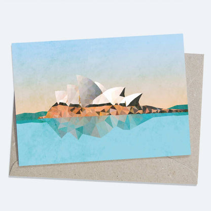 Sydney Opera House greeting card by Beau Wylie for 9to5 Studios featuring low-poly geometric art in terracotta and turquoise on textured recycled cardstock