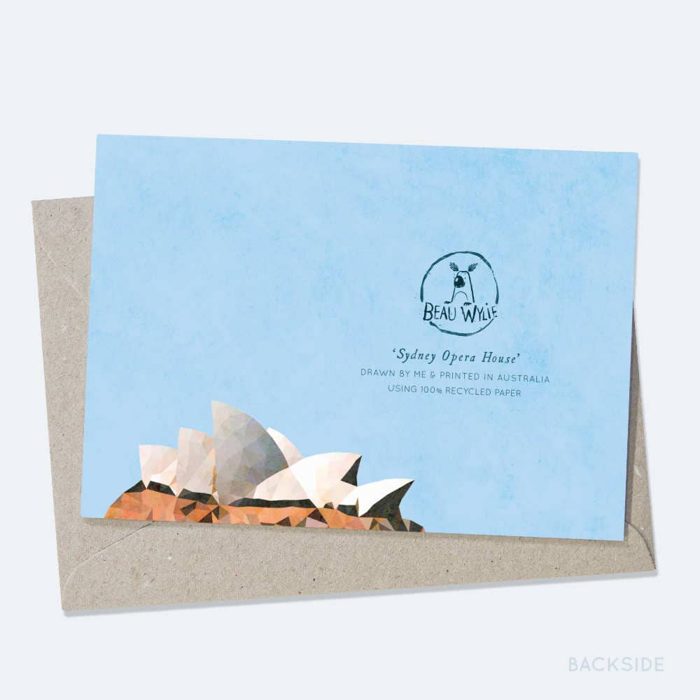 Back of Sydney Opera House greeting card by Beau Wylie for 9to5 Studios showing artist logo and eco-friendly printed details on recycled paper