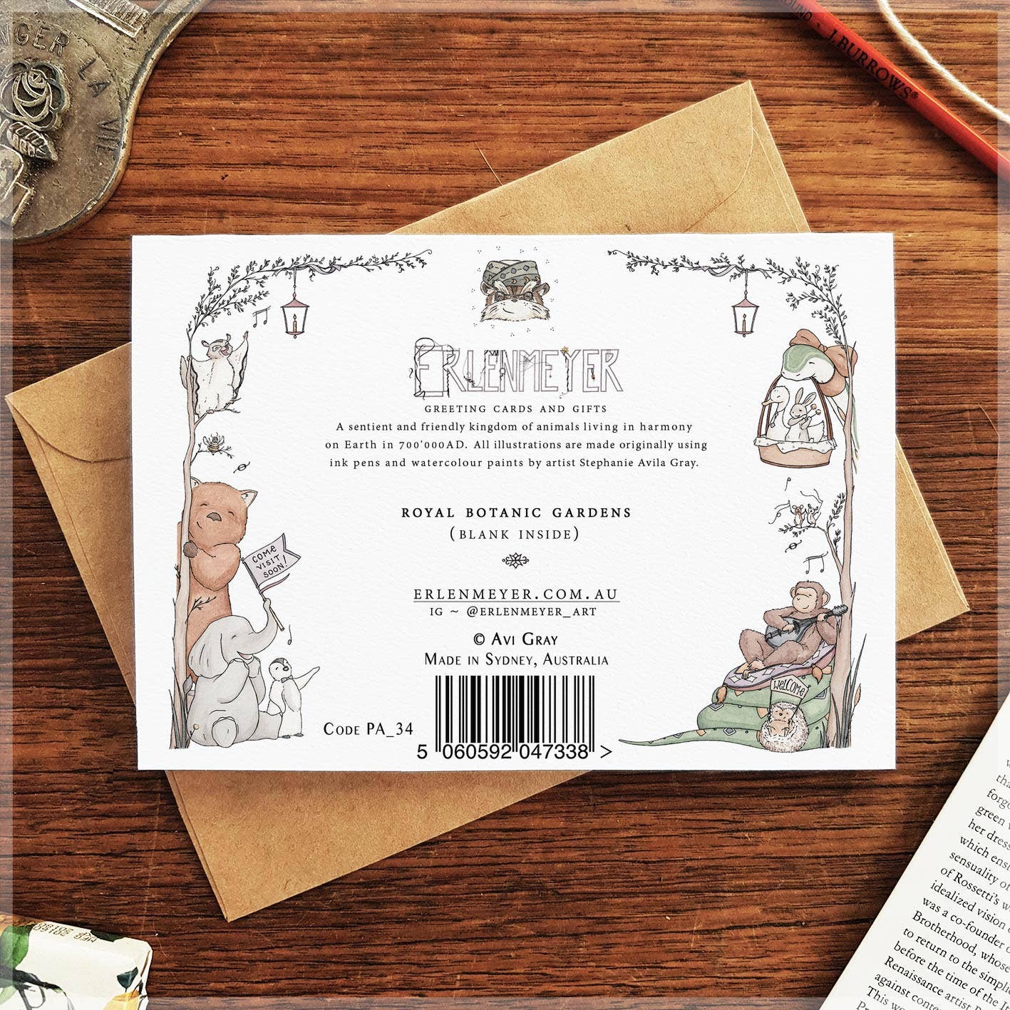 Back of Sydney Royal Botanic Gardens blank greeting card by 9to5 Studios showing animal border and Made in Sydney label