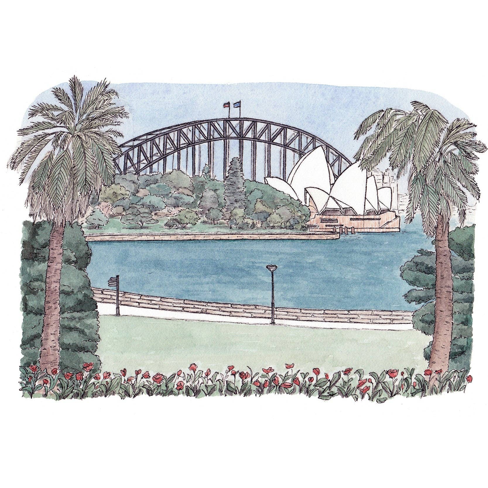Sydney Royal Botanic Gardens watercolor greeting card by Avi Gray for 9to5 Studios featuring Opera House and Harbour Bridge