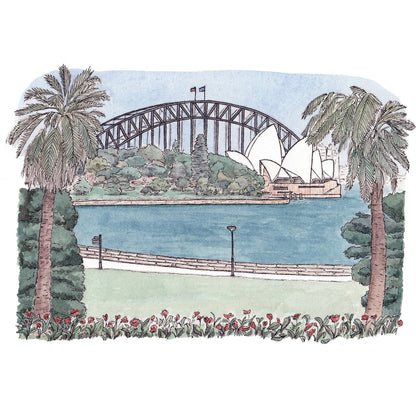 Sydney Royal Botanic Gardens watercolor greeting card by Avi Gray for 9to5 Studios featuring Opera House and Harbour Bridge