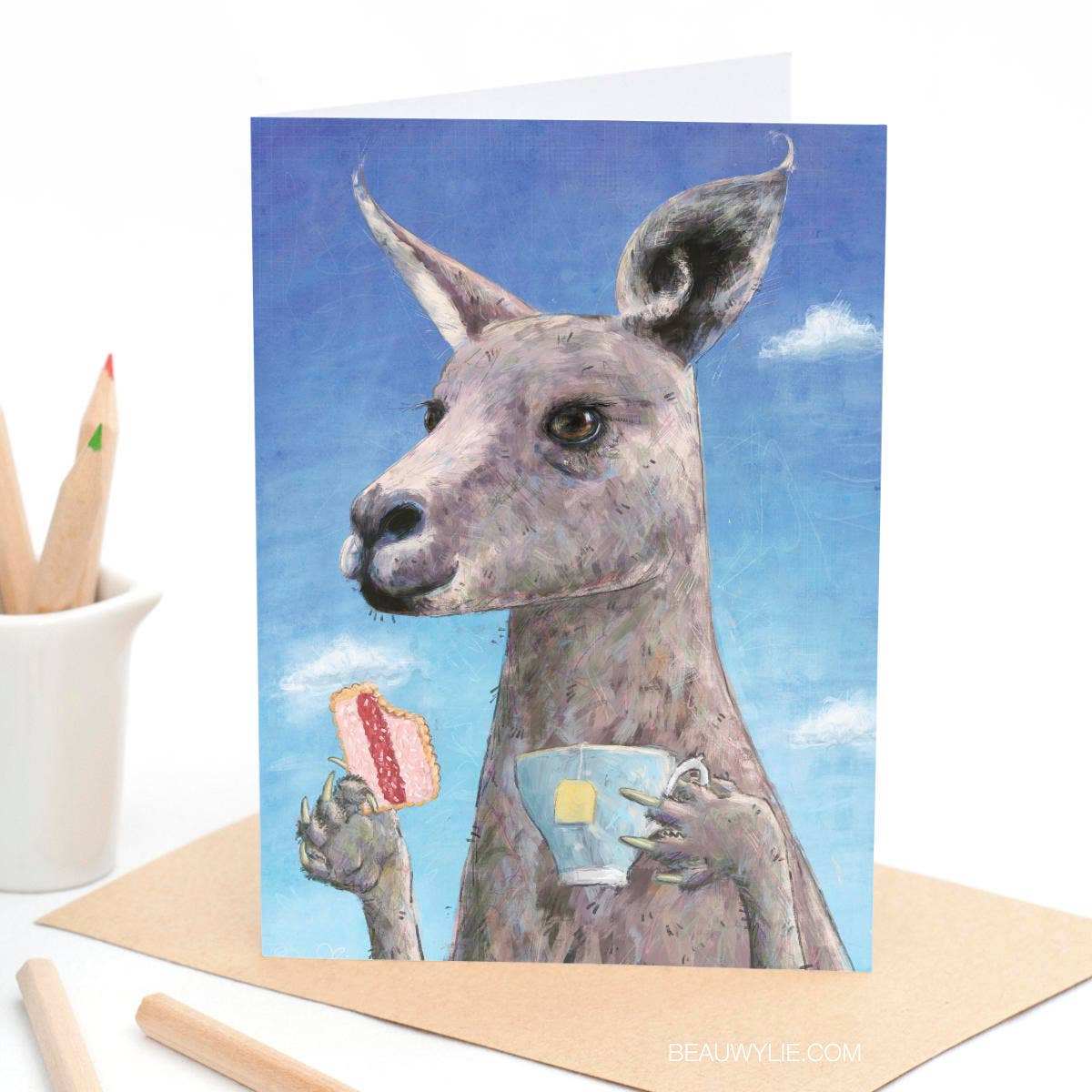 Beau Wylie kangaroo greeting card with tea and lamington art on recycled cardstock by 9to5 Studios