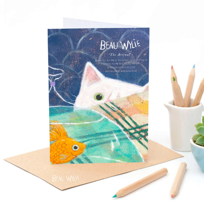 Back of The Arrival A6 greeting card by Beau Wylie printed in Australia on recycled paper showing cat details and eco-friendly text
