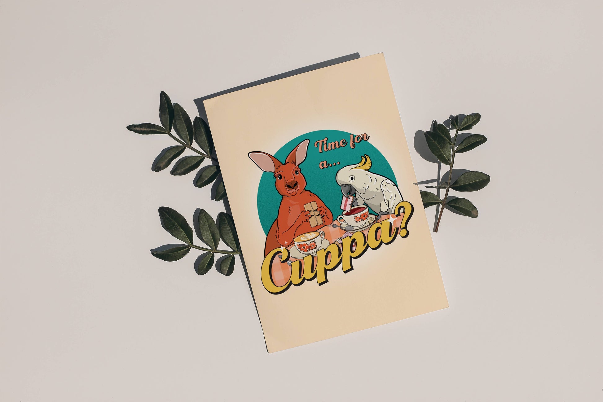 Australian tea-themed postcard from 9to5 Studios with kangaroo and cockatoo design surrounded by eucalyptus leaves