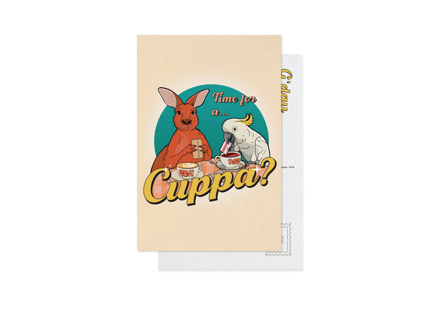 Time for a Cuppa? Australian postcard by 9to5 Studios featuring kangaroo and cockatoo on cream recycled cardstock