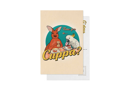 Time for a Cuppa? Australian postcard by 9to5 Studios featuring kangaroo and cockatoo on cream recycled cardstock