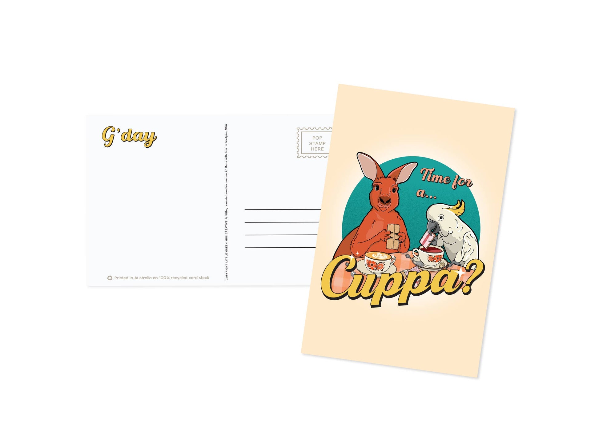 9to5 Studios A6 postcard showing front kangaroo illustration and back G'day script with stamp box on recycled paper