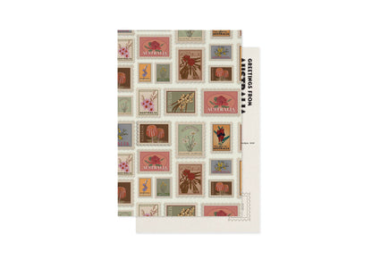 Vintage Australia souvenir postcard by 9to5 Studios featuring Waratah and Flannel Flower stamps on recycled cardstock