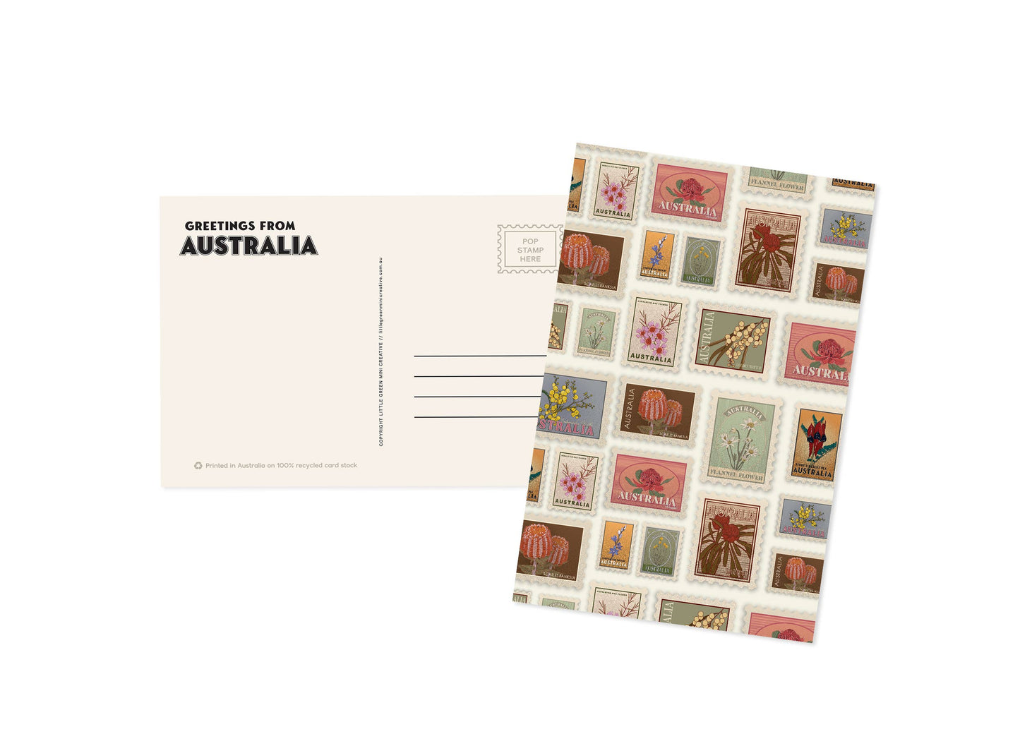 A6 vintage Australian flora postcard from 9to5 Studios showing front stamp collage and back greeting layout with perforated stamp area